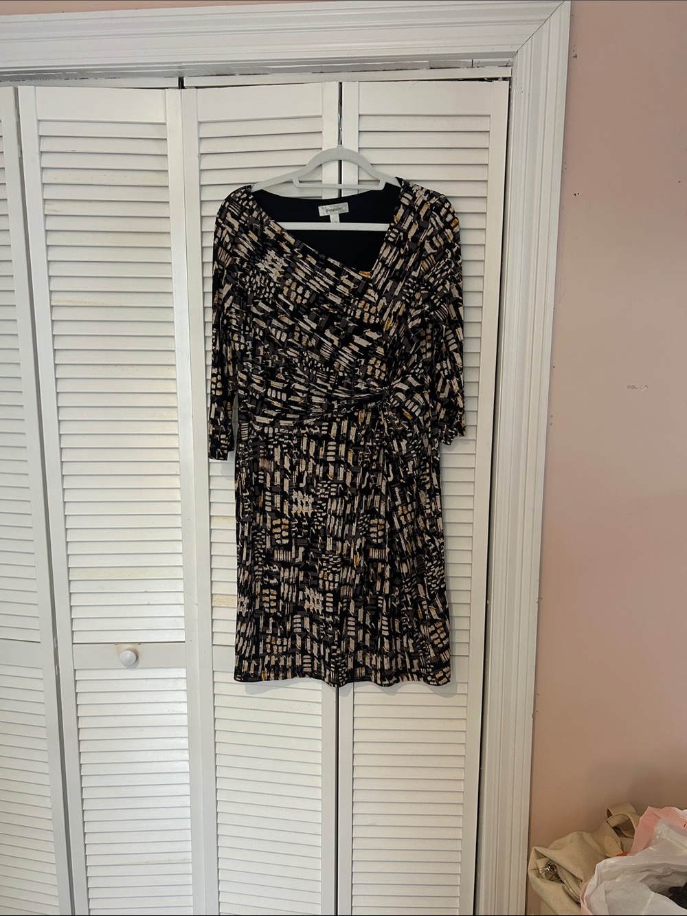 dressbarn Black and Beige Abstract Wrap Dress